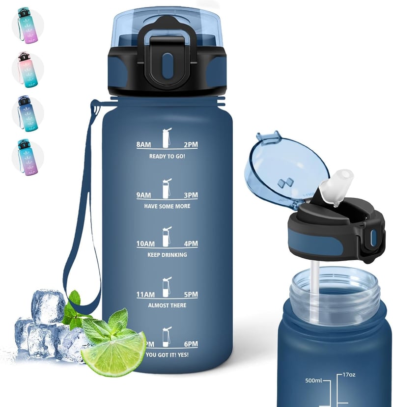 Sticlă de apă pentru copii Grsta cu pai și marcaj de timp - 500 ml - albastru marin