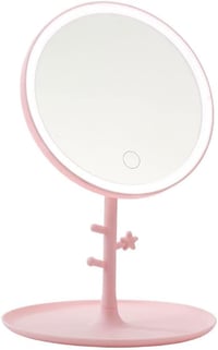 GRSTREE LED Világítású Sminktükör Érintéses Fényerő Szabályozással Rózsaszín Hordozható Asztali Kozmetikai Tükör USB Töltős 1