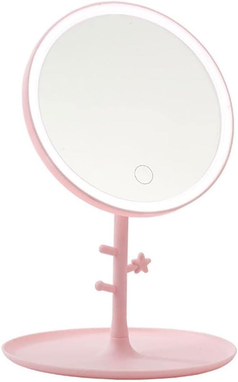 GRSTREE LED Világítású Sminktükör Érintéses Fényerő Szabályozással Rózsaszín Hordozható Asztali Kozmetikai Tükör USB Töltős