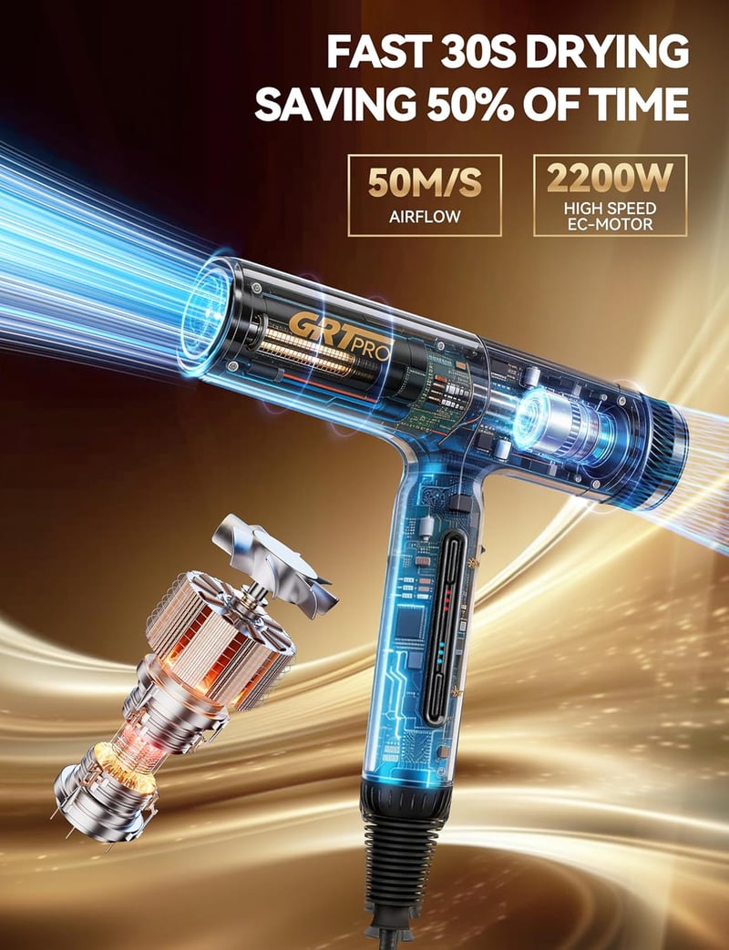 GRT PRO 2200W Ionos Hajszárító 110000 RPM, Diffúzorral, 3 Sebesség, 4 Hőfok