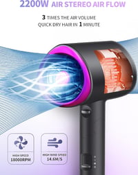 GRT PRO Összecsukható Ionos Hajszárító 2200W - Kompakt Utazási Hajszárító Diffúzorral, Kék Fénnyel, Gyors Szárítás, Fényes Puha Haj, Szürke 3