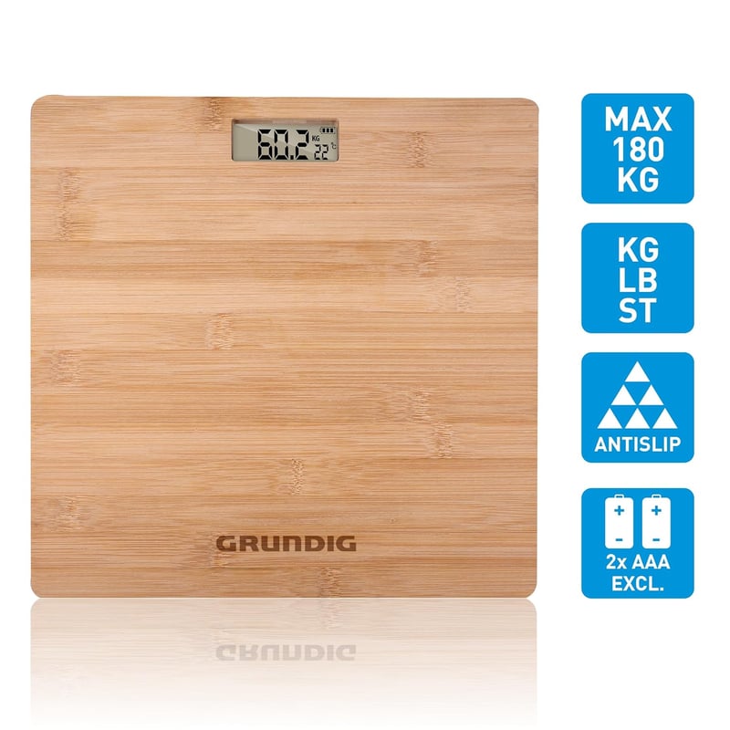 Grundig Bambusz Digitális Személymérleg LCD Kijelzővel 180 kg-ig