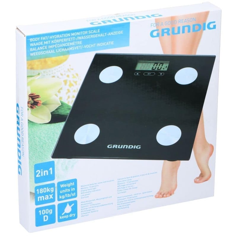 Grundig digitális személyi mérleg testanalízissel, 12 felhasználó memória, 180 kg, fekete