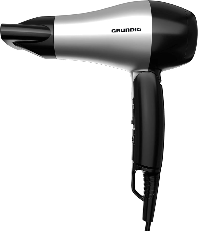 Uscător de păr de voiaj Grundig HD 2200, 1200W, mâner pliabil, 2 trepte de temperatură, utilizare universală, argintiu/negru
