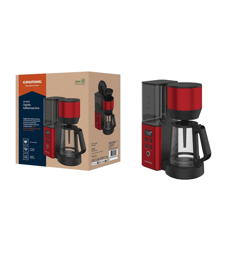 Cafetieră cu filtru Grundig KM 8440 - 1,25 litri, 12 cești, 1000W, temporizator, funcție de menținere la cald, sistem anti-picurare, roșu