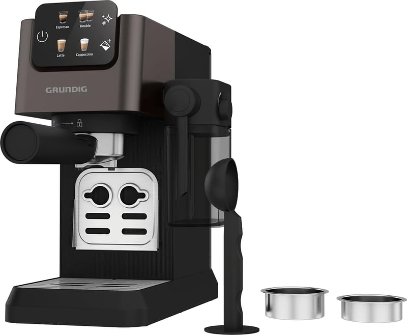 Pákové espresso Grundig KSM 5330 – 1628 W, 15 bar, tmavý nerez, 300 ml nádržka na mlieko, 1,1 l nádržka na vodu, dotykový displej, BrewSense, espresso a cappuccino