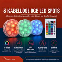 Grundig set bežičnih LED reflektora 3 kom - RGB promjena boja s daljinskim upravljačem - IP65 vodootporna svjetiljka na baterije - 7x7x2,8 cm 2