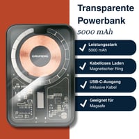 Bezdrôtová powerbanka Grundig 5000 mAh, priehľadná, USB-C, kompatibilná s MagSafe pre iPhone 12 a novšie modely — (stav: pozri 2. obrázok) 5