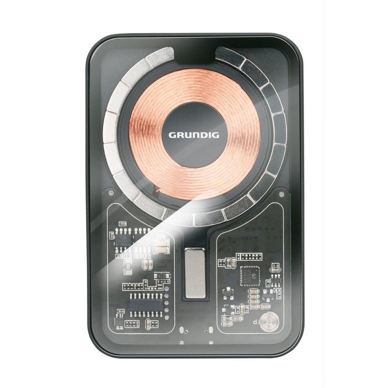Priehľadná bezdrôtová powerbanka Grundig 5000 mAh – Externá batéria USB-C kompatibilná s MagSafe pre iPhone 12 a novšie modely – vrátane kábla typu C