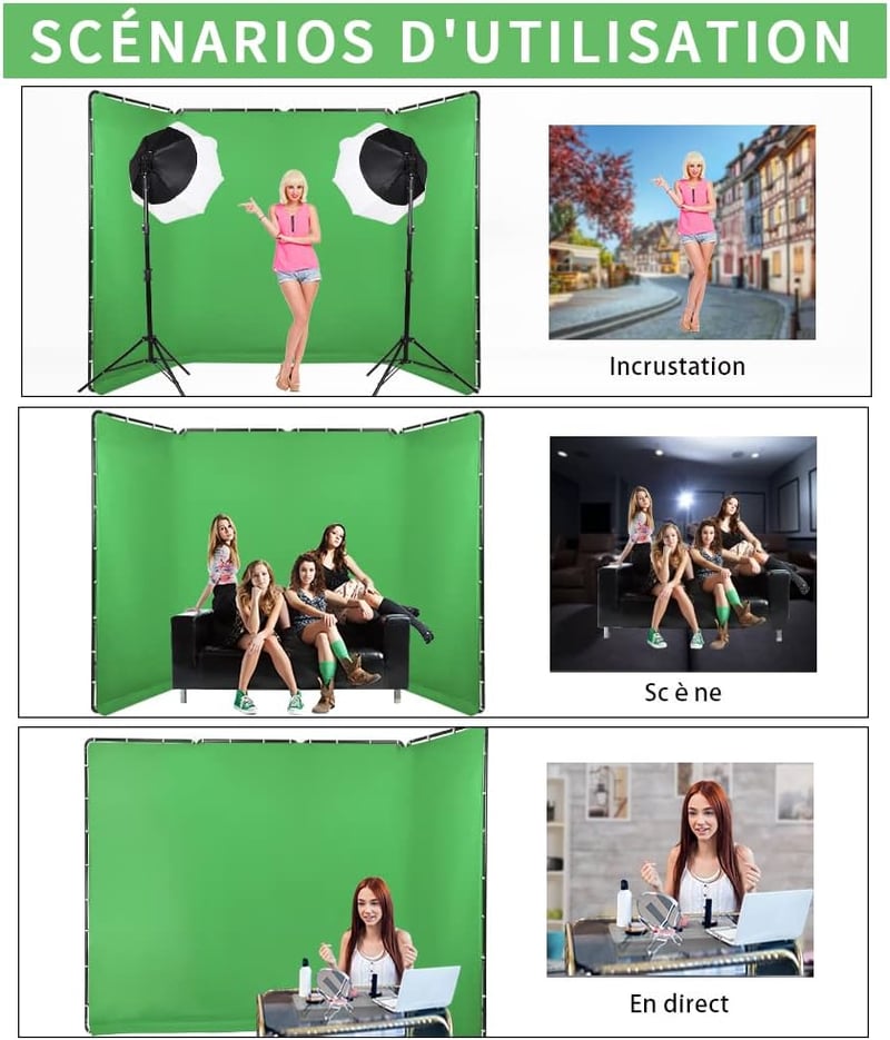 GSKAIWEN Hordozható Zöld Háttér Fotózáshoz és Videózáshoz - 4x2,4m Stúdió Greenscreen Szett Hordtáskával és Rögzítőelemekkel