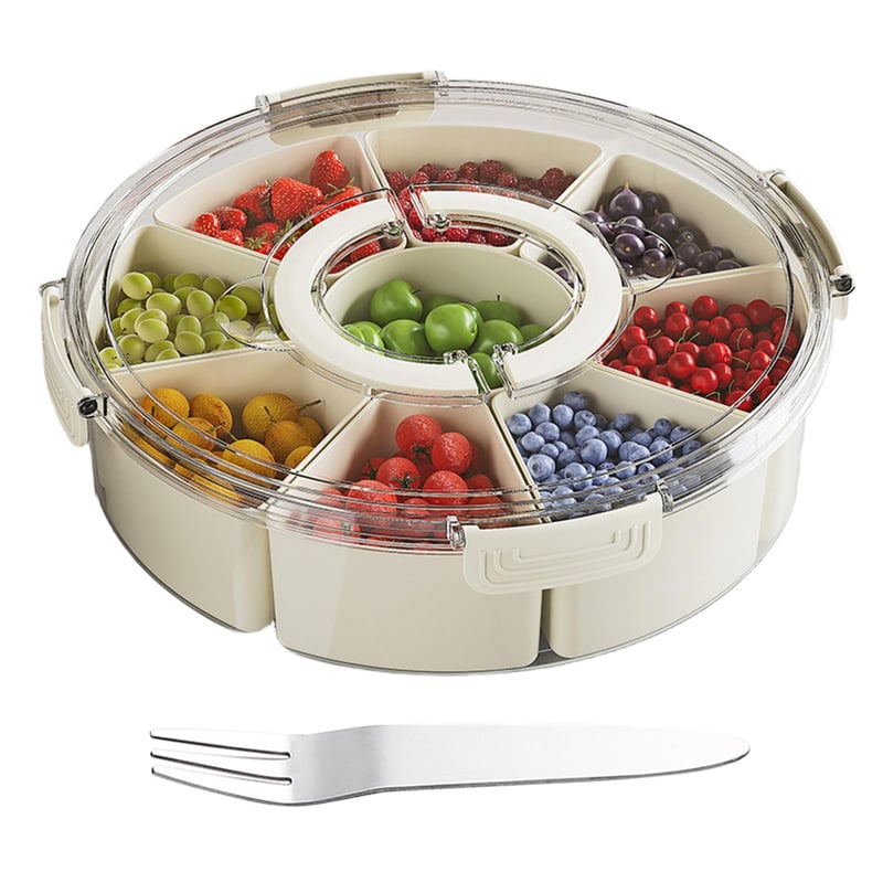 Gsrhzd Snackbox, Bol mare rotund pentru gustări cu 9 compartimente, cu capac, mâner și 4 furculițe, pentru depozitarea gustărilor, dulciurilor, nucilor, fructelor și condimentelor, ideal pentru petreceri și picnicuri