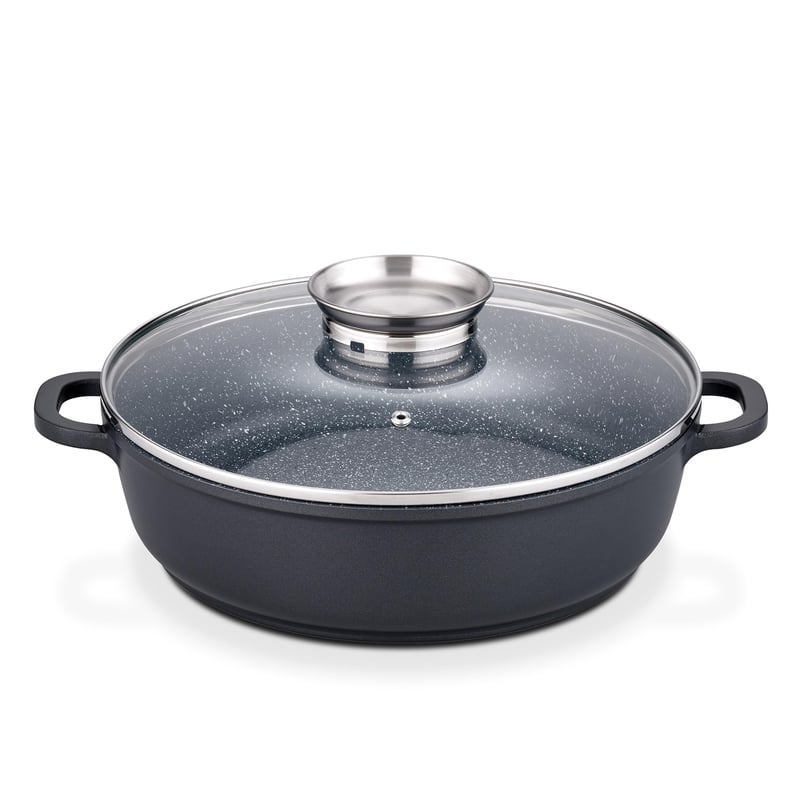 GSW Gourmet Granitová panvica s aróma sklenenou pokrievkou, indukčná panvica s nepriľnavým povrchom odolným proti poškriabaniu, panvica na pečenie s pokrievkou, 28 cm, čierna