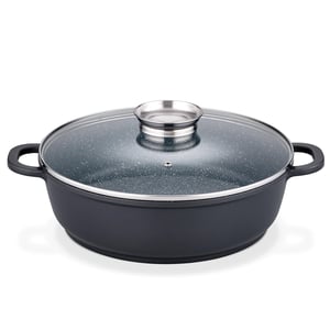 GSW Gourmet granitna tava za posluživanje sa staklenim poklopcem, 32 cm, crna, za indukciju — rub poklopca je na nekoliko mjesta udubljen (stanje: vidi 2. sliku)