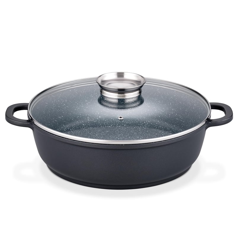 Panvica GSW Gourmet Granite s aromatickou sklenenou pokrievkou, indukčná panvica s nepriľnavým povrchom odolným proti poškriabaniu, zapekacia misa s pokrievkou, 32 cm, čierna