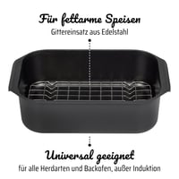Obdĺžnikový pekáč GSW Gourmet s aromatizovanou sklenenou pokrievkou a grilovacou vložkou, liaty hliník, čierny, 40x26x11 cm, 8 litrov, na dusenie a pečenie 4