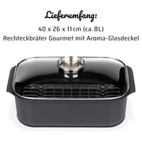Obdĺžnikový pekáč GSW Gourmet s aromatizovanou sklenenou pokrievkou a grilovacou vložkou, liaty hliník, čierny, 40x26x11 cm, 8 litrov, na dusenie a pečenie 7