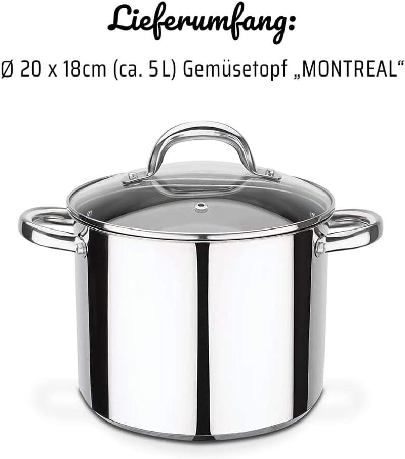 GSW Montreal rozsdamentes zöldségfőző edény üvegfedővel 20cm 5L - 34 x 21,5 x 17,5 cm