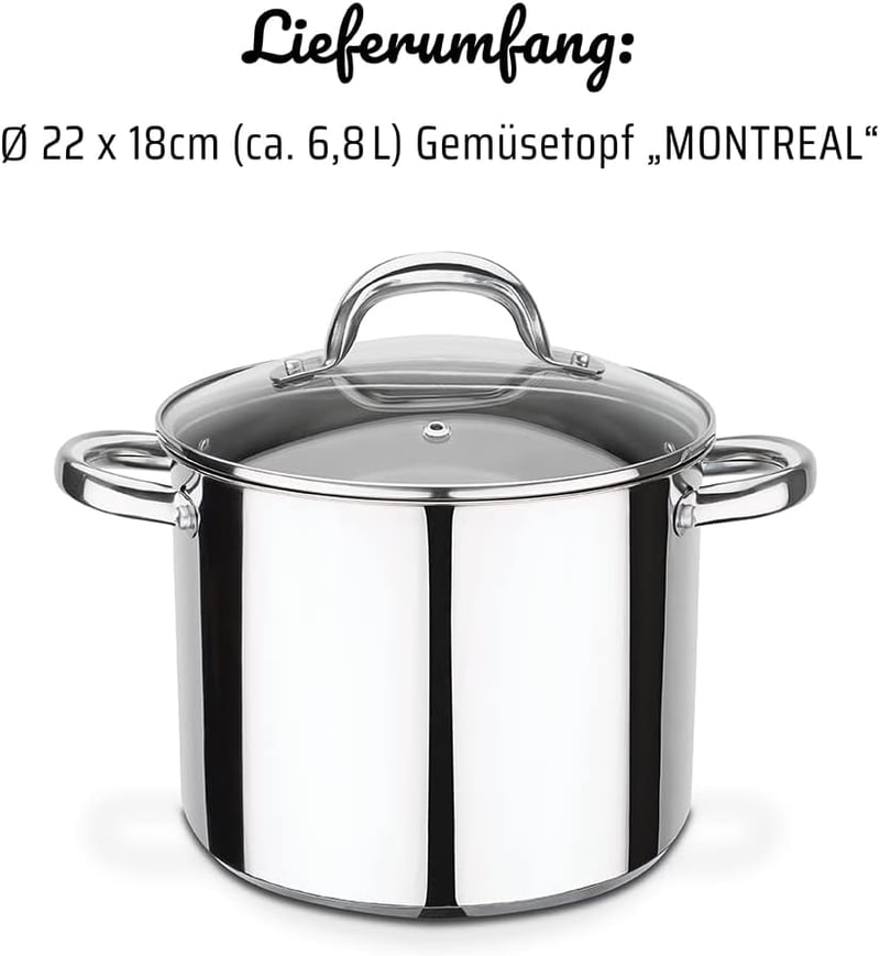 GSW Montreal rozsdamentes zöldségfőző edény üvegfedővel 22cm 6,8L - 36 x 23,5 x 19,5 cm
