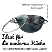 GSW Višenamjenski Wok set – Wok od lijevanog željeza s poklopcem, duboka tava za prženje i pirjanje, sa špatulom, 32 cm, 5 dijelova, crna 3