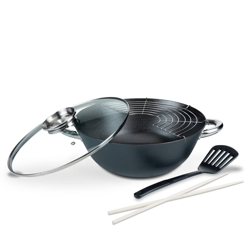 GSW Višenamjenski Wok set – Wok od lijevanog željeza s poklopcem, duboka tava za prženje i pirjanje, sa špatulom, 32 cm, 5 dijelova, crna