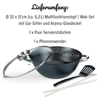 GSW Višenamjenski Wok set – Wok od lijevanog željeza s poklopcem, duboka tava za prženje i pirjanje, sa špatulom, 32 cm, 5 dijelova, crna 7