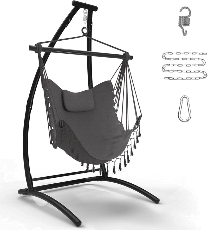 GT GETCO TECH C-alakú Függőszék Állvánnyal - Szürke Függőágy 150 kg Teherbírással, Kényelmes Párnával, Erkélyre, Teraszra, Beltérre és Külté