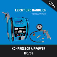 Bezolejový kompresor Güde Airpower 180/08 – 1100 W, 8 bar, 140 l/min, 2,5 m hadica, remeňový pohon 3