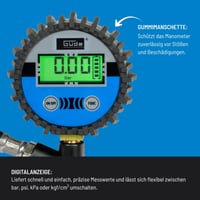 Digitálny hustič pneumatík Güde 11 E – Max. 7 bar, 4-miestny digitálny displej (bar, psi, kPa, kgf/cm²), automatické vypnutie, ventilová prípojka 4