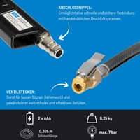 Digitálny hustič pneumatík Güde 11 E – Max. 7 bar, 4-miestny digitálny displej (bar, psi, kPa, kgf/cm²), automatické vypnutie, ventilová prípojka 3