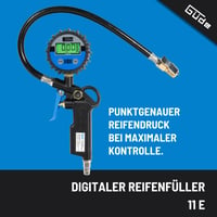 Digitálny hustič pneumatík Güde 11 E – Max. 7 bar, 4-miestny digitálny displej (bar, psi, kPa, kgf/cm²), automatické vypnutie, ventilová prípojka 2