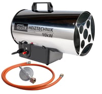 Încălzitor cu aer cald pe gaz Güde GGH 10 INOX – 10000 W, 500 m³/h, aprindere piezoelectrică, carcasă din oțel inoxidabil, regulator de presiune 300 mbar, cu furtun de gaz de 1,5 m 1