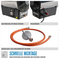 Încălzitor cu aer cald pe gaz Güde GGH 10 INOX – 10000 W, 500 m³/h, aprindere piezoelectrică, carcasă din oțel inoxidabil, regulator de presiune 300 mbar, cu furtun de gaz de 1,5 m 4