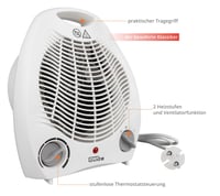 Teplovzdušný ventilátor Güde GH 2000, 2000 W, 2 stupne výkonu (1000/2000 W), prietok vzduchu 75 m³/h, plynulý termostat, ochrana proti prehriatiu a prevráteniu, rukoväť na prenášanie 5