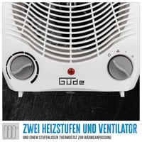 Teplovzdušný ventilátor Güde GH 2000, 2000 W, 2 stupne výkonu (1000/2000 W), prietok vzduchu 75 m³/h, plynulý termostat, ochrana proti prehriatiu a prevráteniu, rukoväť na prenášanie 3