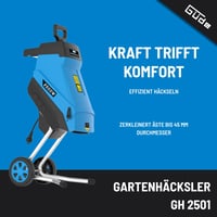 Záhradný drvič konárov Güde GH 2501, 2500 W, nožový systém, automatické vťahovanie, max. priemer konárov 45 mm, 45-litrový zberný vak, transportné kolieska, ochrana proti preťaženiu 2