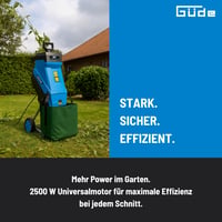 Záhradný drvič konárov Güde GH 2501, 2500 W, nožový systém, automatické vťahovanie, max. priemer konárov 45 mm, 45-litrový zberný vak, transportné kolieska, ochrana proti preťaženiu 5