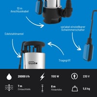 Pompă submersibilă pentru apă murdară Güde GS 1103 PI, 1100 W, 20000 l/h, înălțime de pompare 8 m, adâncime de scufundare 7 m, cu întrerupător cu flotor 3
