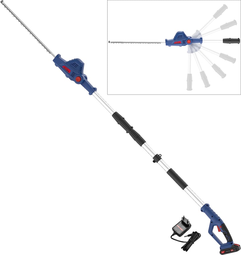 Akumulátorové teleskopické nožnice na živý plot Güde HST 18-201-05 – 18V, dĺžka strihu 43 cm, hrúbka strihu 15 mm, hlava otočná v 6 smeroch, teleskopická rukoväť až do 2,65 m, vrátane akumulátora a nabíjačky