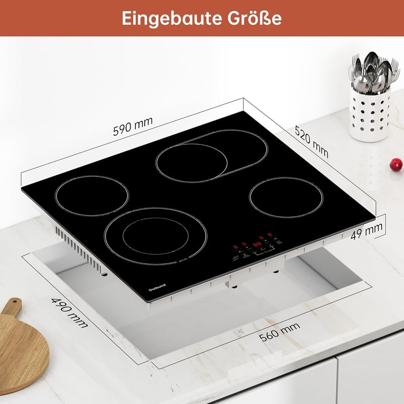 Gudsunal 60 cm-es üvegkerámia főzőlap 4 égővel, 6,6 kW, sütési zóna, időzítő