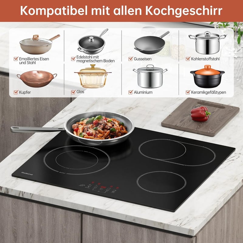 Gudsunal 60 cm-es üvegkerámia főzőlap 4 égővel, 6,6 kW, sütési zóna, időzítő