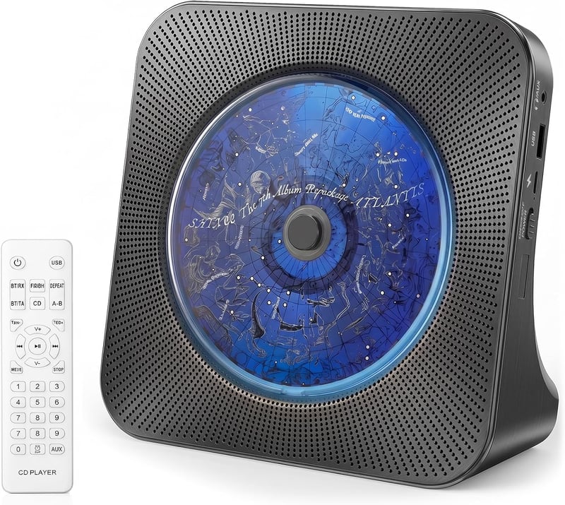 Player CD portabil Gueray cu Bluetooth, difuzor încorporat, telecomandă, radio FM, USB, card, AUX 3.5 mm, alarmă, negru