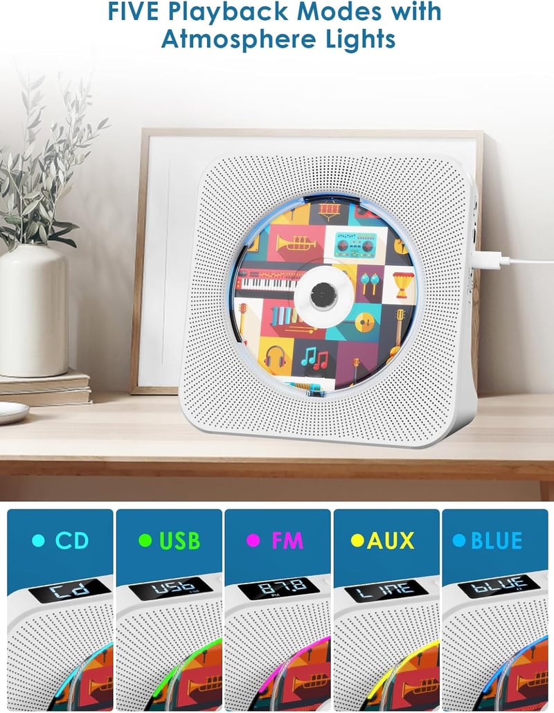 Gueray Bluetooth CD lejátszó HiFi hangszoróval, FM rádió és USB funkcióval