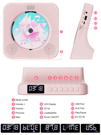 CD prehrávač Gueray s Bluetooth reproduktorom, FM rádiom, USB, AUX, konektorom na slúchadlá, budíkom, diaľkovým ovládaním, protiprachovým krytom, ružový 8