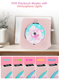 CD prehrávač Gueray s Bluetooth reproduktorom, FM rádiom, USB, AUX, konektorom na slúchadlá, budíkom, diaľkovým ovládaním, protiprachovým krytom, ružový 4