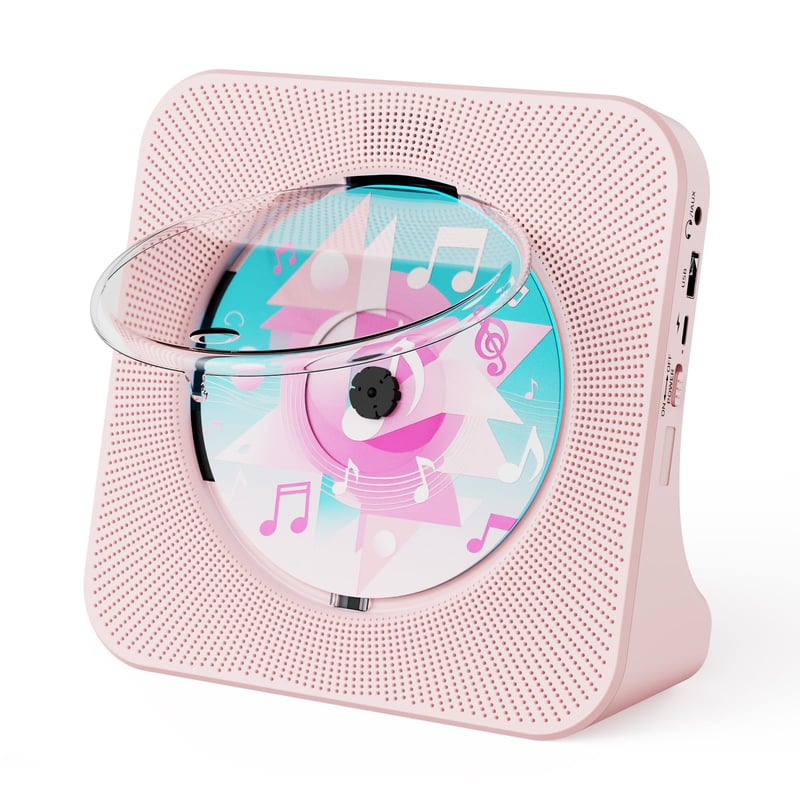 CD prehrávač Gueray s Bluetooth reproduktorom, FM rádiom, USB, AUX, konektorom na slúchadlá, budíkom, diaľkovým ovládaním, protiprachovým krytom, ružový