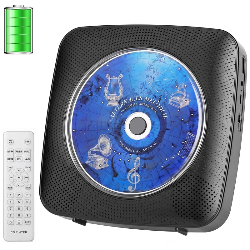 Prenosný CD prehrávač Gueray s Bluetooth reproduktorom, FM rádiom, USB, AUX, batériou 1800 mAh, diaľkovým ovládaním, možnosťou montáže na stenu, čierny