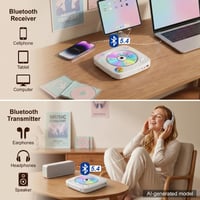 Prenosný CD prehrávač Gueray s Bluetooth reproduktorom, FM rádiom, USB, AUX, 1800 mAh batériou, diaľkovým ovládaním, možnosťou montáže na stenu, biely 4