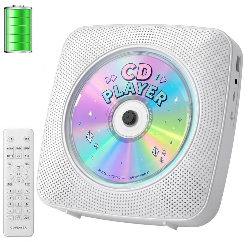 Prenosný CD prehrávač Gueray s Bluetooth reproduktorom, FM rádiom, USB, AUX, 1800 mAh batériou, diaľkovým ovládaním, možnosťou montáže na stenu, biely