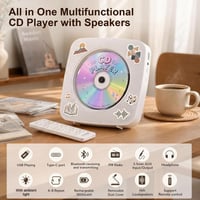 Prenosný CD prehrávač Gueray s Bluetooth reproduktorom, FM rádiom, USB, AUX, 1800 mAh batériou, diaľkovým ovládaním, možnosťou montáže na stenu, biely 2