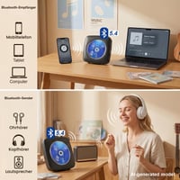 Prenosný CD prehrávač Gueray s Bluetooth reproduktorom, FM rádiom, USB, AUX, batériou 1800 mAh, diaľkovým ovládaním, možnosťou montáže na stenu, čierny 4